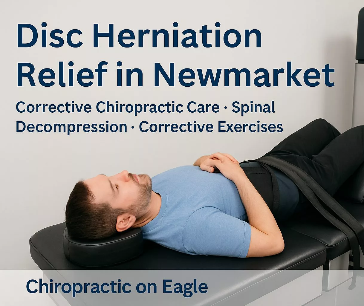 Patient receiving spinal decompression therapy at Chiropractic on Eagle in Newmarket, Ontario, to relieve neck and low back disc herniation naturally.