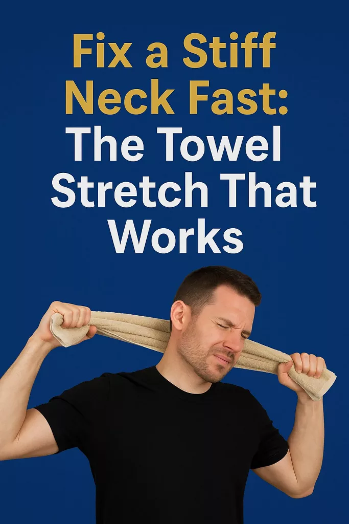 Man performing a towel stretch to fix a stiff neck — demonstrating a simple exercise to release tight neck joints and muscles.
